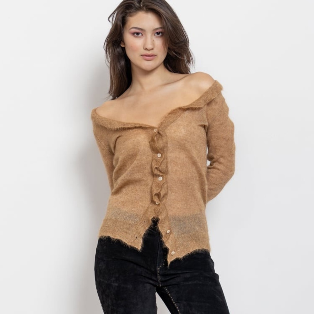 🩷 J.Crew Women Medium Mohair blend ruffle cardigan Lightweight gold color